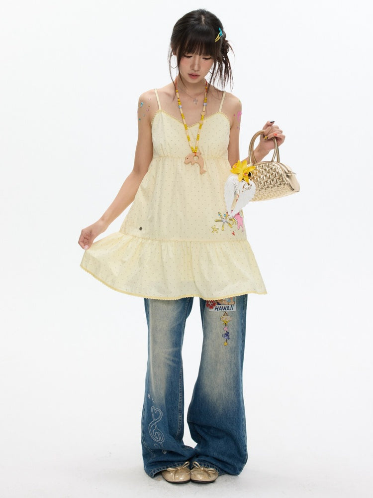 Star Polka Dot Patchwork Washed Jeans【s0000017349】
