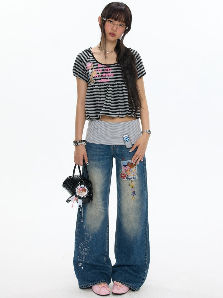 Star Polka Dot Patchwork Washed Jeans【s0000017349】