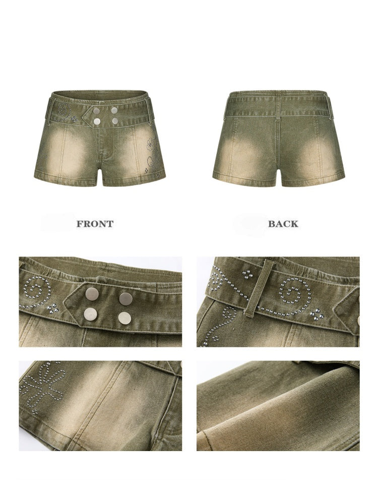 Wide-Belt Metal Studs Stretch Slimming Denim Shorts【s0000017351】