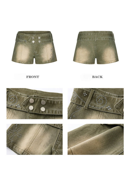 Wide-Belt Metal Studs Stretch Slimming Denim Shorts【s0000017351】