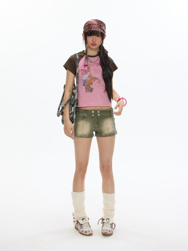 Wide-Belt Metal Studs Stretch Slimming Denim Shorts【s0000017351】