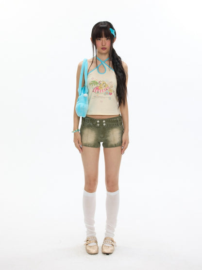 Wide-Belt Metal Studs Stretch Slimming Denim Shorts【s0000017351】