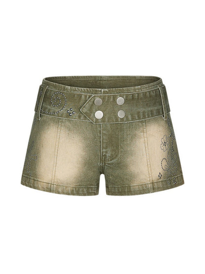 Wide-Belt Metal Studs Stretch Slimming Denim Shorts【s0000017351】