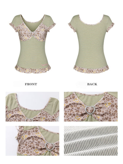 Buckle Stripe Leopard Print Lace Short-Sleeved T-Shirt【s0000017353】