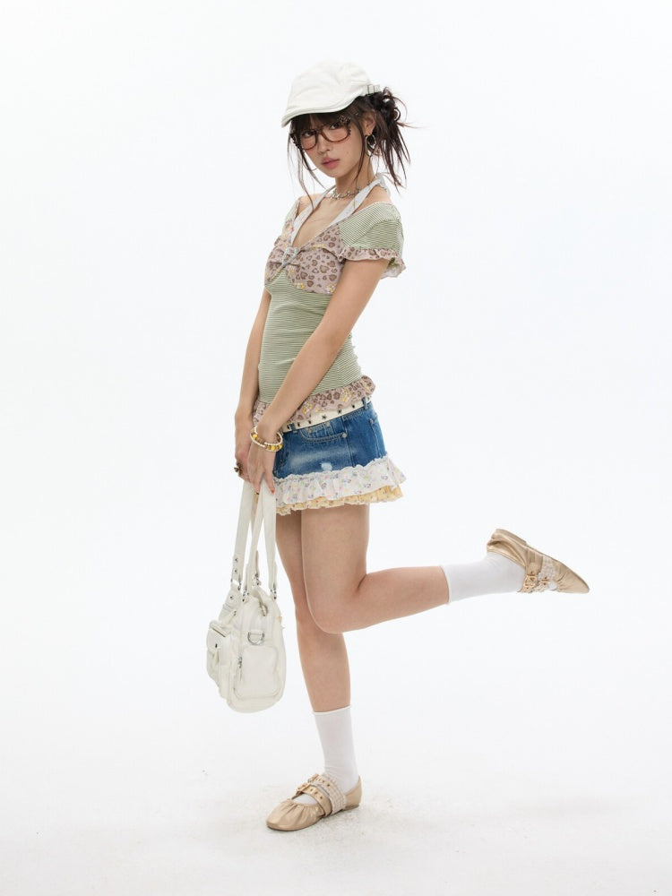 Buckle Stripe Leopard Print Lace Short-Sleeved T-Shirt【s0000017353】