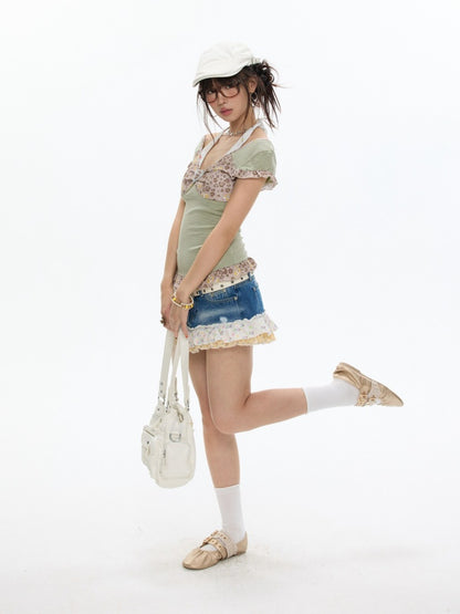 Buckle Stripe Leopard Print Lace Short-Sleeved T-Shirt【s0000017353】