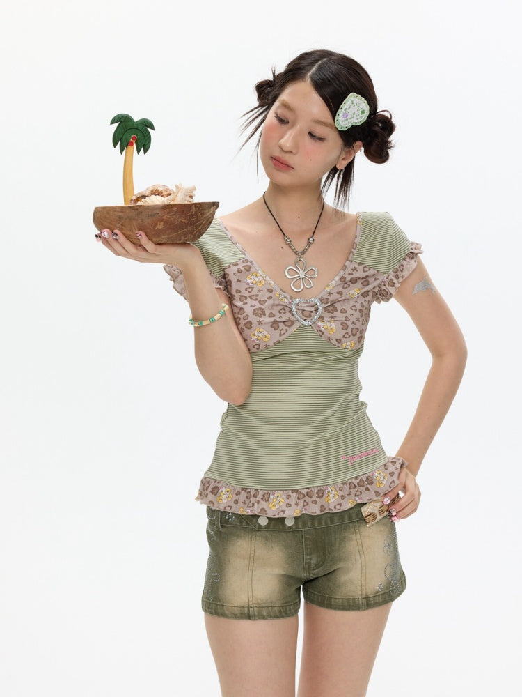 Buckle Stripe Leopard Print Lace Short-Sleeved T-Shirt【s0000017353】