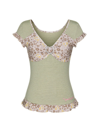 Buckle Stripe Leopard Print Lace Short-Sleeved T-Shirt【s0000017353】