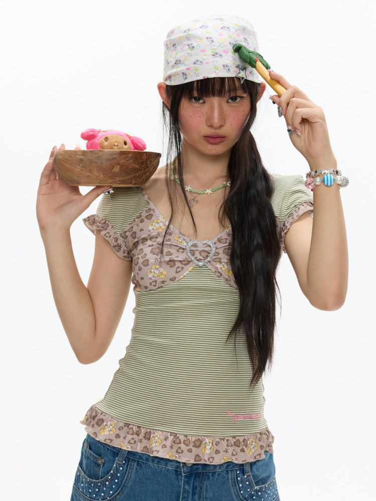 Buckle Stripe Leopard Print Lace Short-Sleeved T-Shirt【s0000017353】