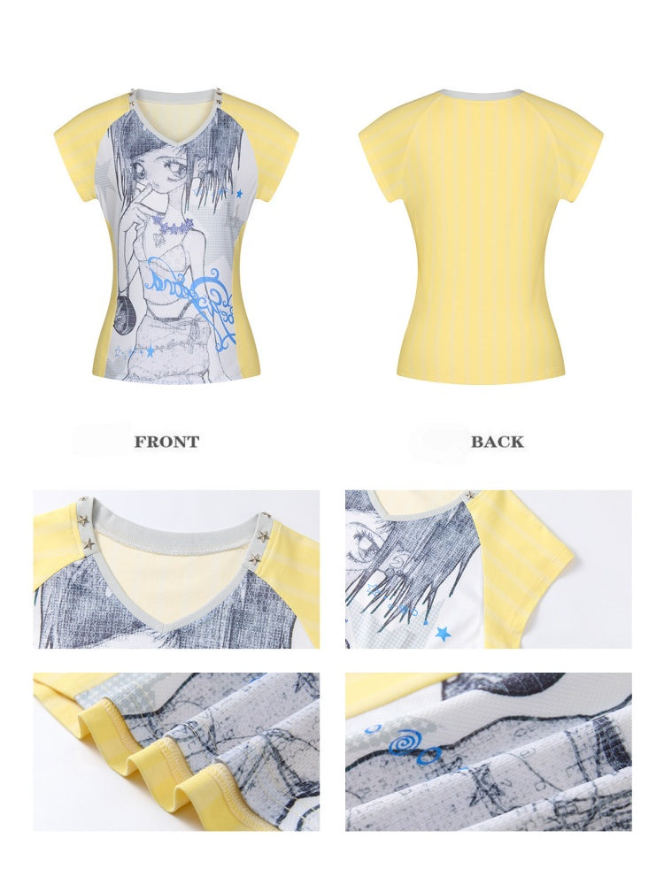 Splicing Striped V-Neck Rhinestone Cinched Jersey【s0000017355】