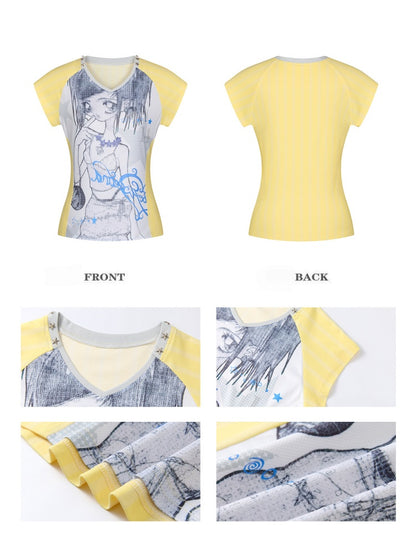 Splicing Striped V-Neck Rhinestone Cinched Jersey【s0000017355】