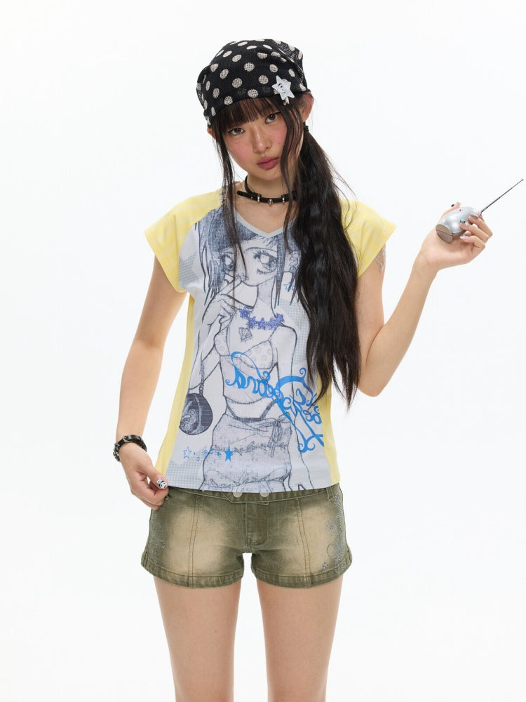 Splicing Striped V-Neck Rhinestone Cinched Jersey【s0000017355】