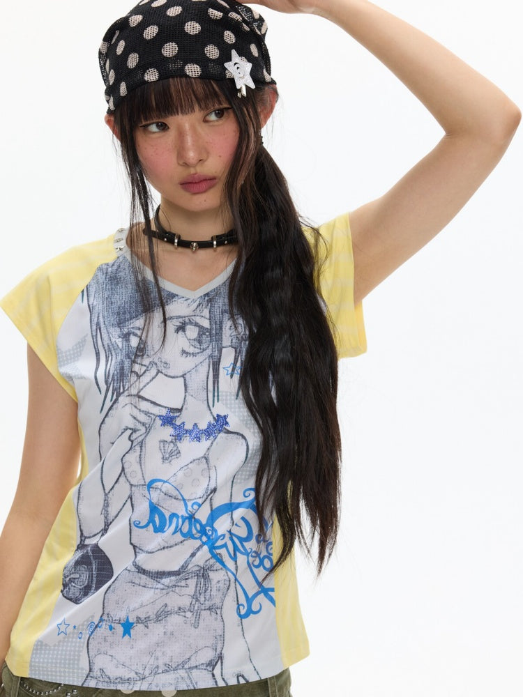 Splicing Striped V-Neck Rhinestone Cinched Jersey【s0000017355】