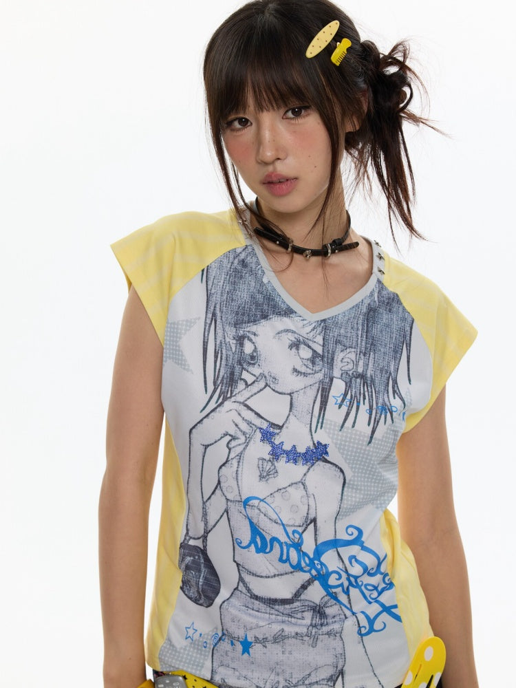 Splicing Striped V-Neck Rhinestone Cinched Jersey【s0000017355】