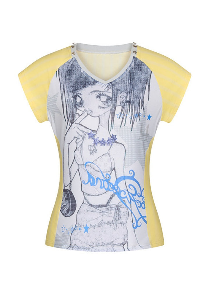 Splicing Striped V-Neck Rhinestone Cinched Jersey【s0000017355】