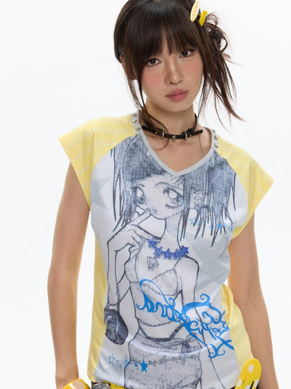 Splicing Striped V-Neck Rhinestone Cinched Jersey【s0000017355】