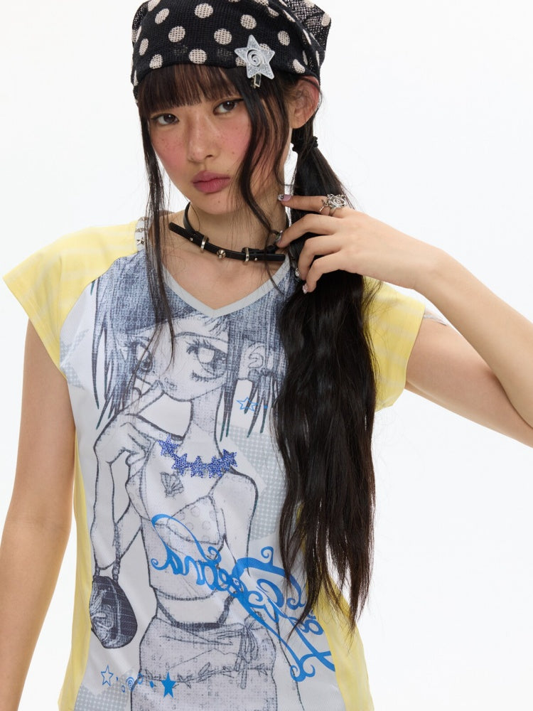 Splicing Striped V-Neck Rhinestone Cinched Jersey【s0000017355】