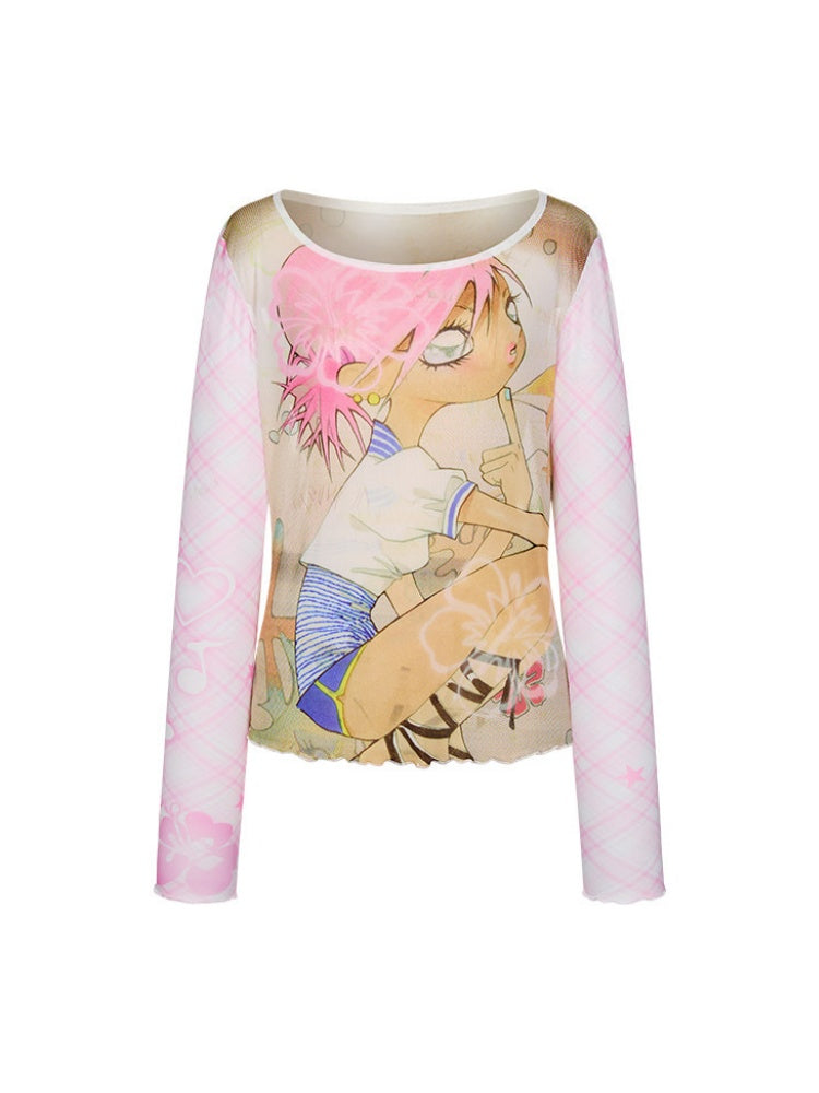 Illustration Printed Mesh Cover T-Shirt【s0000017356】