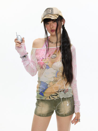 Illustration Printed Mesh Cover T-Shirt【s0000017356】