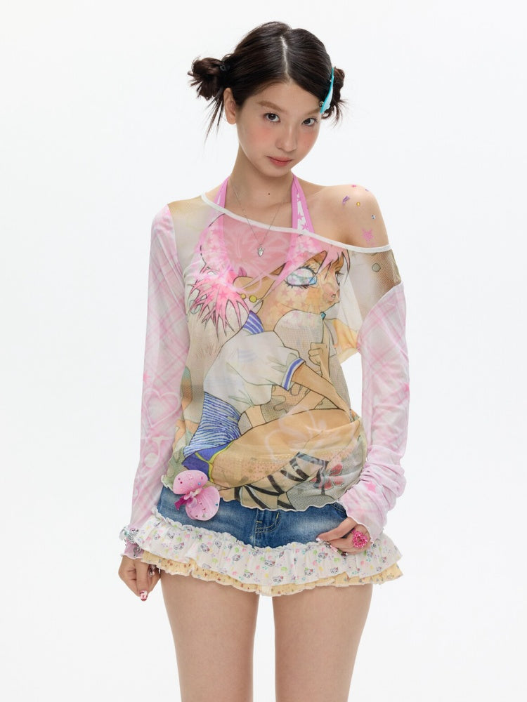 Illustration Printed Mesh Cover T-Shirt【s0000017356】