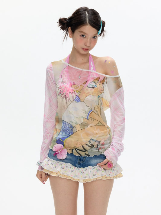 Illustration Printed Mesh Cover T-Shirt【s0000017356】