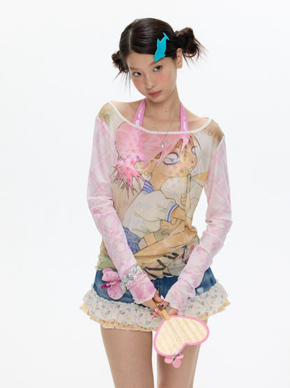 Illustration Printed Mesh Cover T-Shirt【s0000017356】