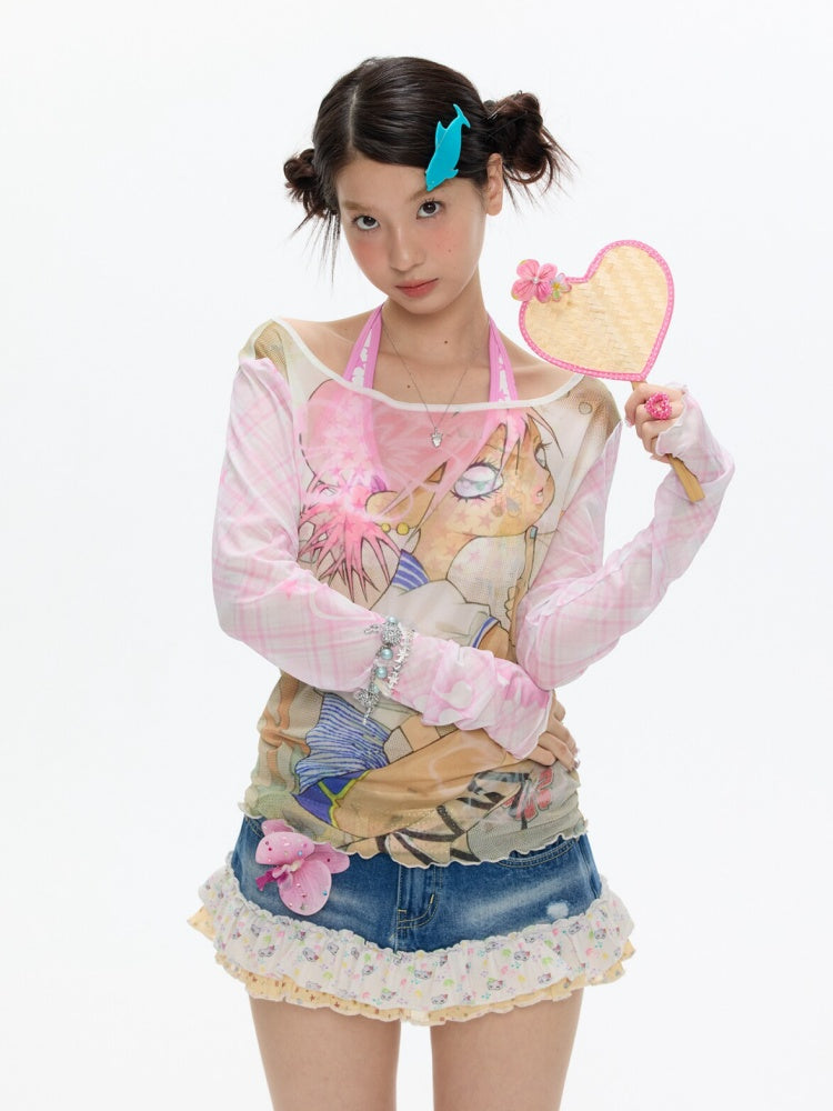 Illustration Printed Mesh Cover T-Shirt【s0000017356】