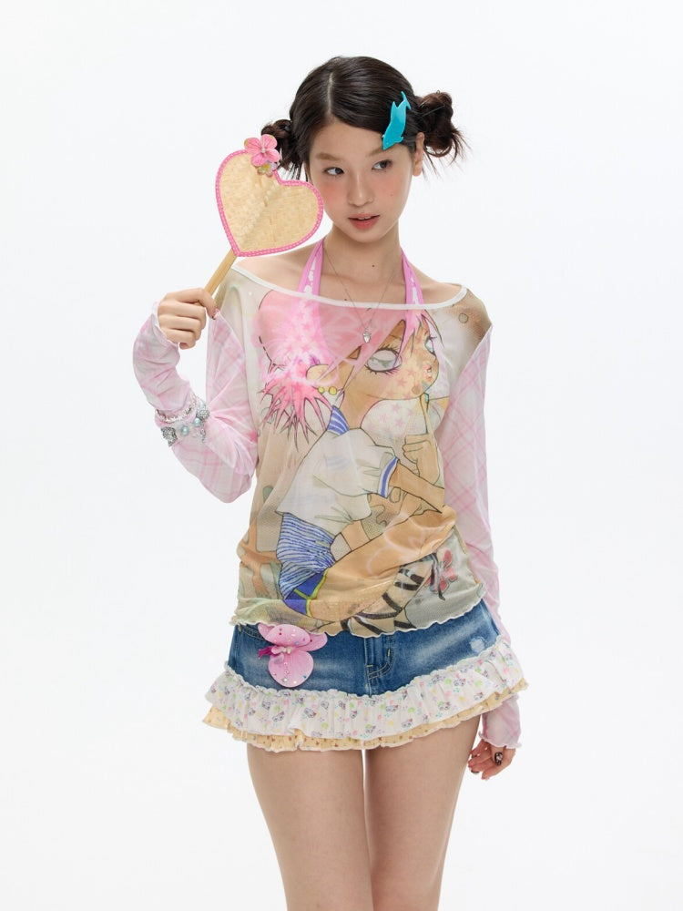 Illustration Printed Mesh Cover T-Shirt【s0000017356】