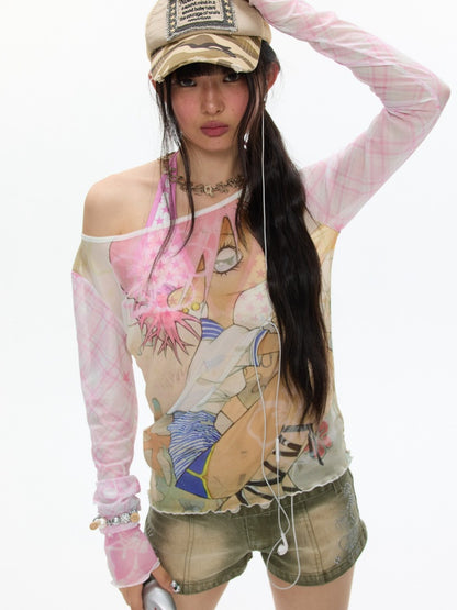 Illustration Printed Mesh Cover T-Shirt【s0000017356】