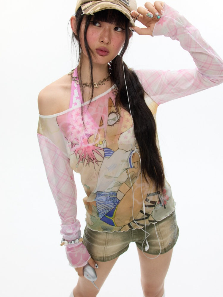 Illustration Printed Mesh Cover T-Shirt【s0000017356】