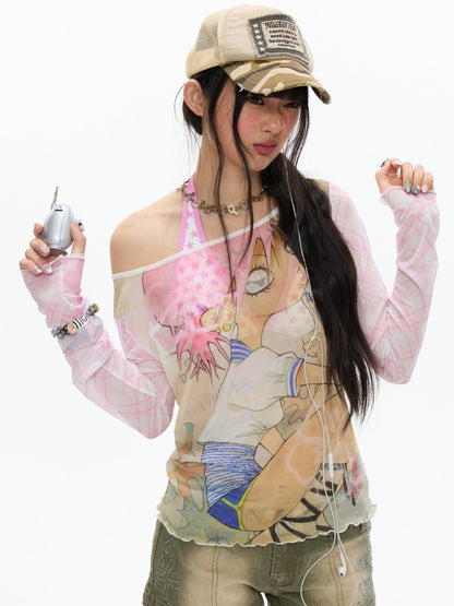 Illustration Printed Mesh Cover T-Shirt【s0000017356】