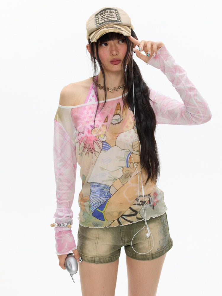 Illustration Printed Mesh Cover T-Shirt【s0000017356】