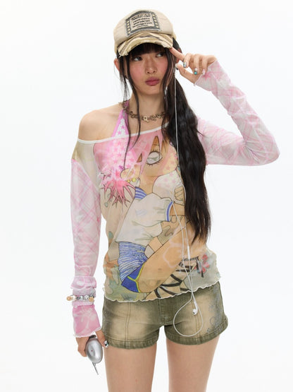Illustration Printed Mesh Cover T-Shirt【s0000017356】