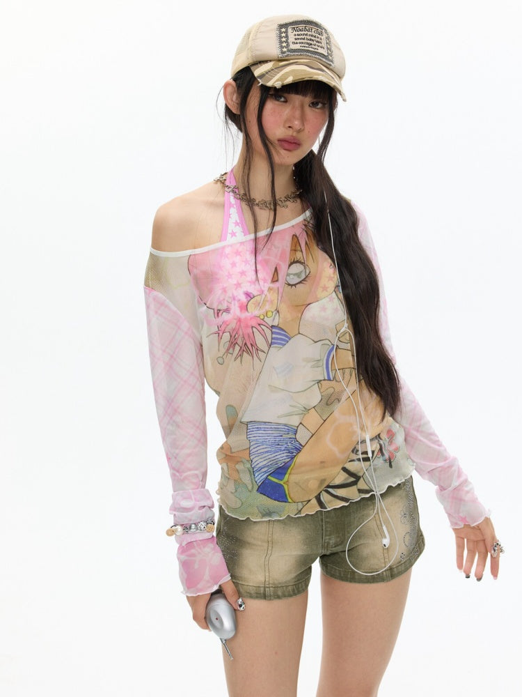 Illustration Printed Mesh Cover T-Shirt【s0000017356】