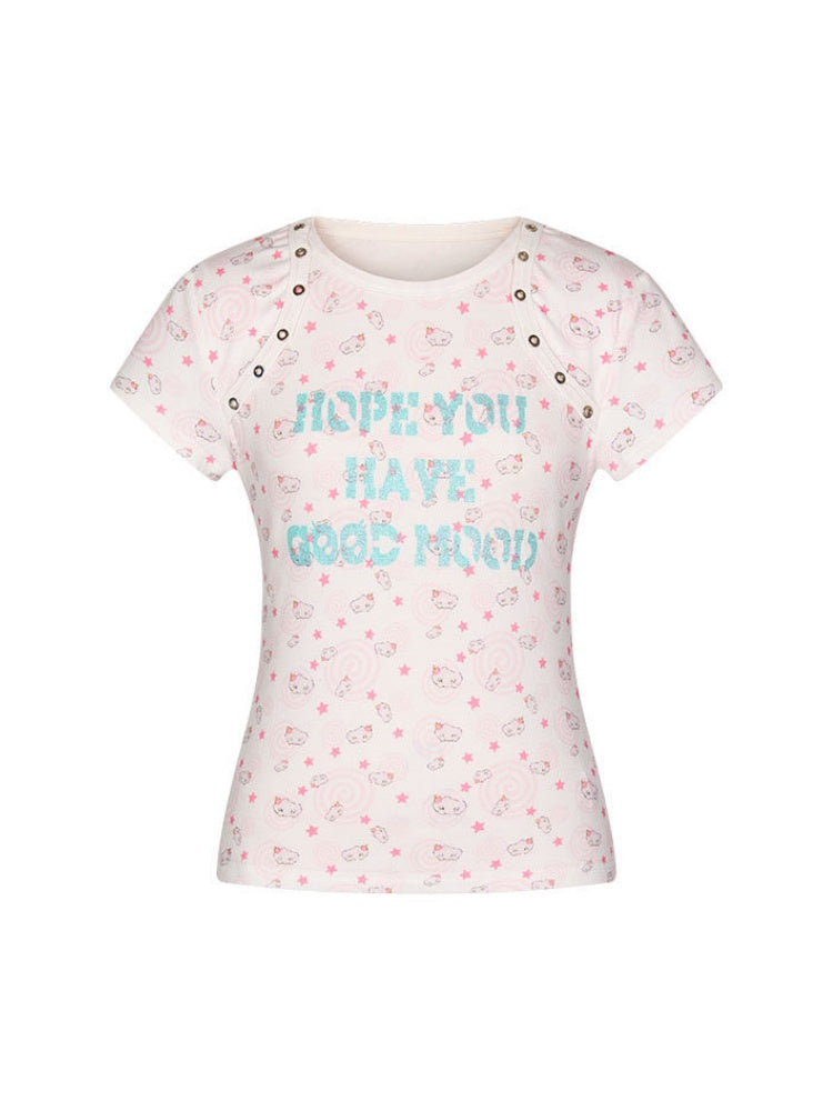 Star Vortex Shell Shoulder Short-Sleeve High Stretch Letter T-Shirt【s0000017358】