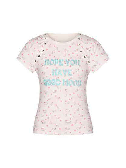 Star Vortex Shell Shoulder Short-Sleeve High Stretch Letter T-Shirt【s0000017358】
