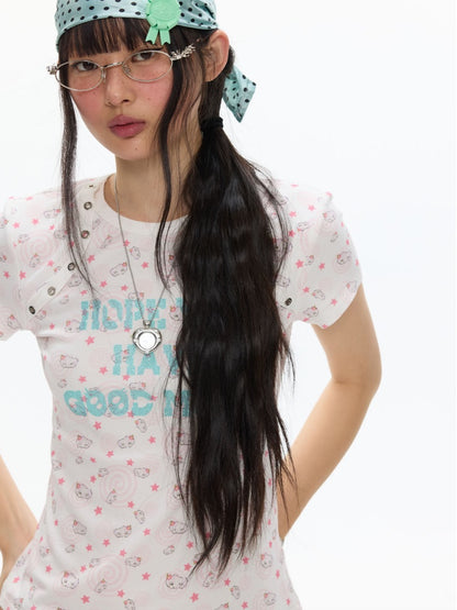 Star Vortex Shell Shoulder Short-Sleeve High Stretch Letter T-Shirt【s0000017358】