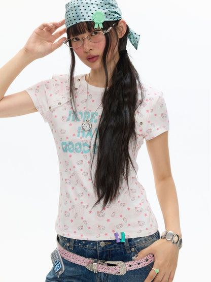 Star Vortex Shell Shoulder Short-Sleeve High Stretch Letter T-Shirt【s0000017358】
