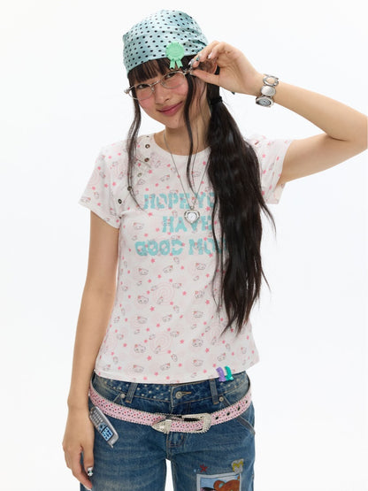 Star Vortex Shell Shoulder Short-Sleeve High Stretch Letter T-Shirt【s0000017358】