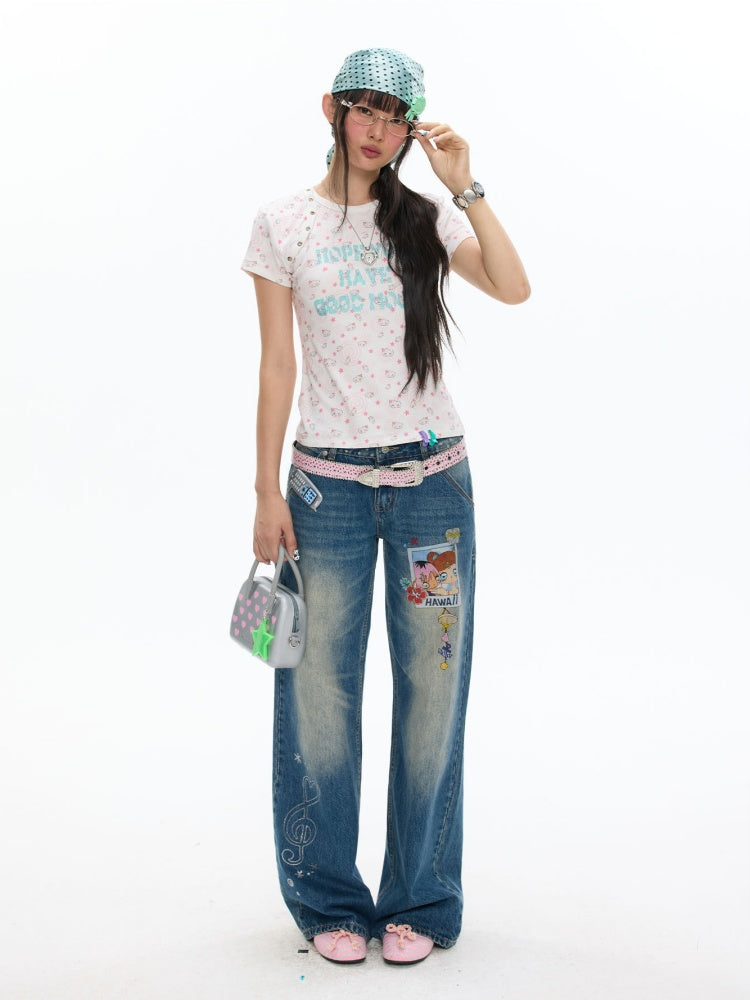 Star Vortex Shell Shoulder Short-Sleeve High Stretch Letter T-Shirt【s0000017358】