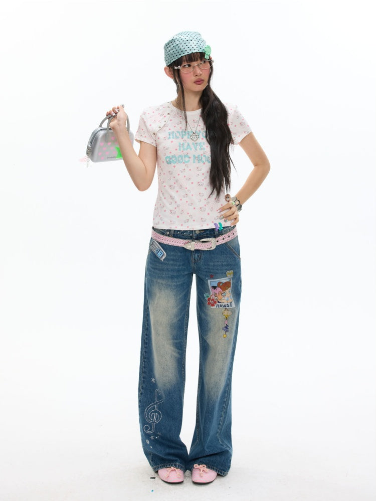 Star Vortex Shell Shoulder Short-Sleeve High Stretch Letter T-Shirt【s0000017358】