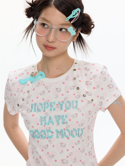 Star Vortex Shell Shoulder Short-Sleeve High Stretch Letter T-Shirt【s0000017358】