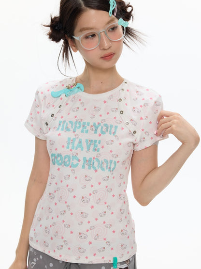 Star Vortex Shell Shoulder Short-Sleeve High Stretch Letter T-Shirt【s0000017358】