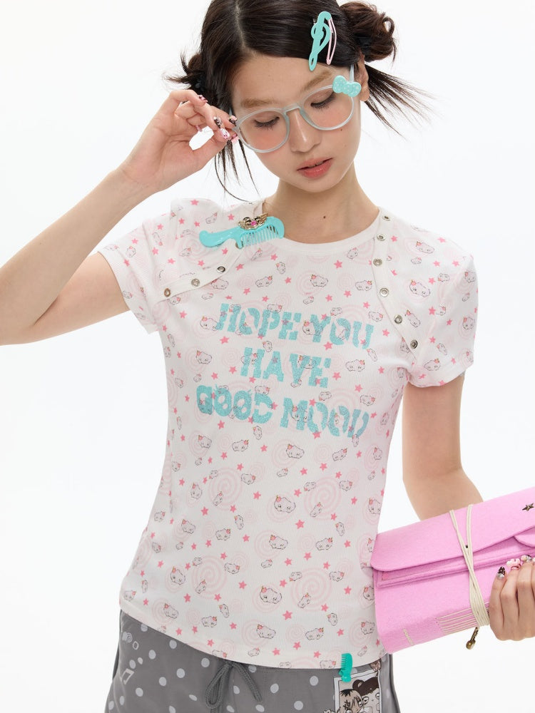 Star Vortex Shell Shoulder Short-Sleeve High Stretch Letter T-Shirt【s0000017358】