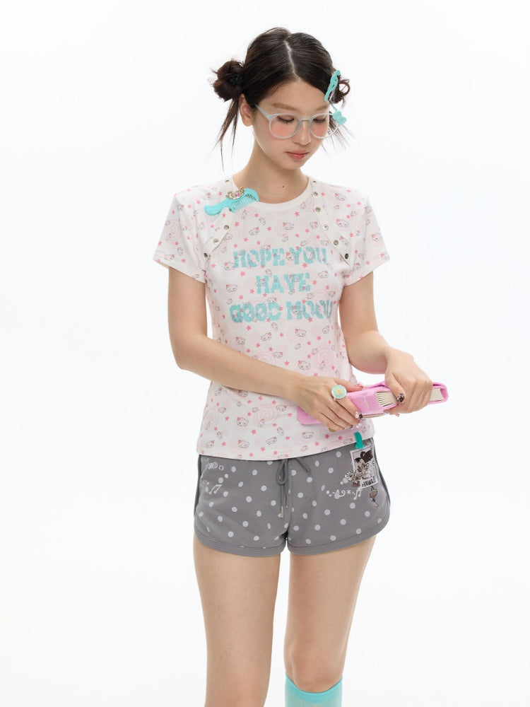 Star Vortex Shell Shoulder Short-Sleeve High Stretch Letter T-Shirt【s0000017358】