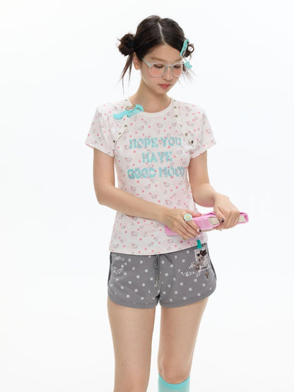 Star Vortex Shell Shoulder Short-Sleeve High Stretch Letter T-Shirt【s0000017358】