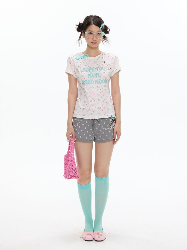 Star Vortex Shell Shoulder Short-Sleeve High Stretch Letter T-Shirt【s0000017358】