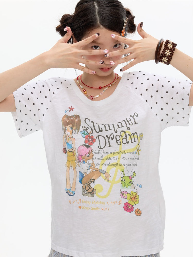 Polka Dot Large Collar Snowflake Cotton Short-Sleeve T-Shirt【s0000017359】