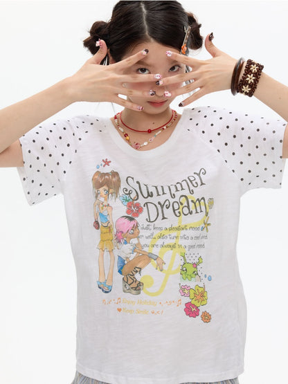 Polka Dot Large Collar Snowflake Cotton Short-Sleeve T-Shirt【s0000017359】