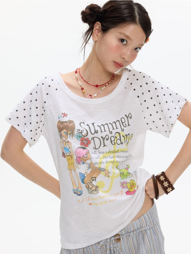Polka Dot Large Collar Snowflake Cotton Short-Sleeve T-Shirt【s0000017359】